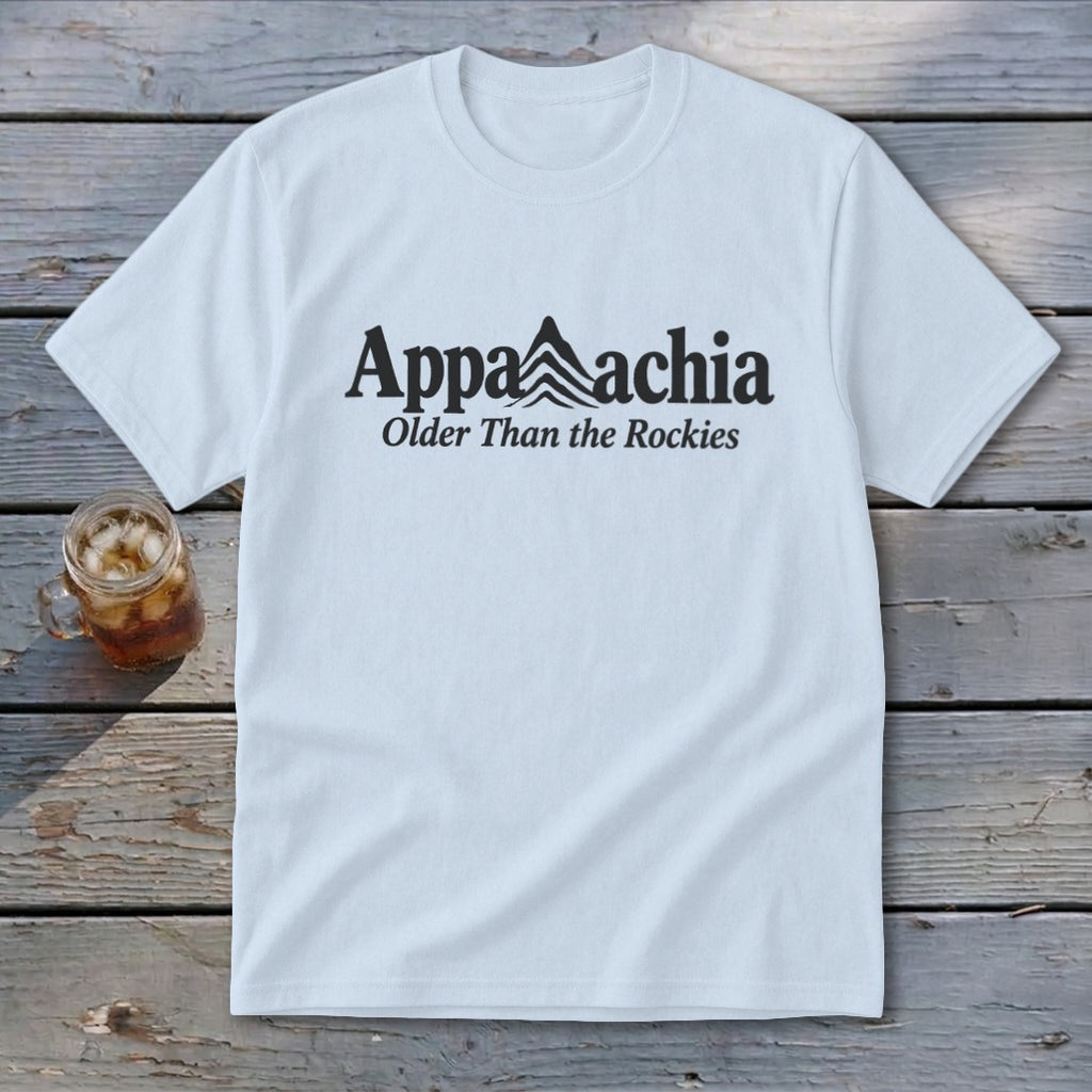 White t-shirt with black text "Appalachia" and "Older Than the Rockies".