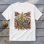 White t-shirt featuring a bouquet of colorful wildflowers and autumn leaves in muted tones.