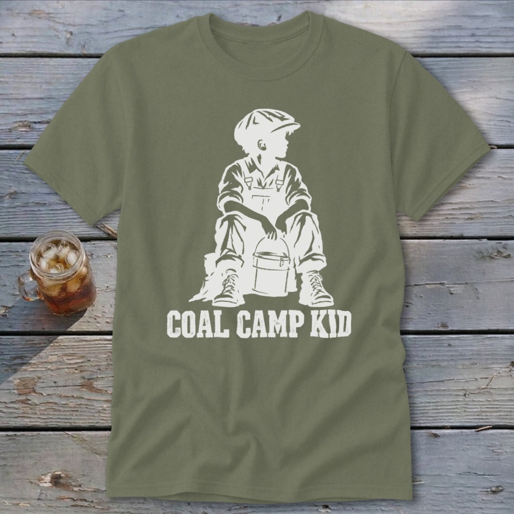 Olive t-shirt with white graphic of a boy holding a bucket, text "COAL CAMP KID".