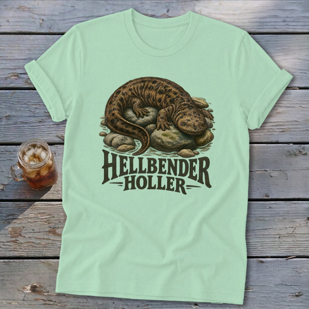 Pale green t-shirt with a hellbender salamander illustration and "Hellbender Holler" text.