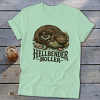 Pale green t-shirt with a hellbender salamander illustration and "Hellbender Holler" text.