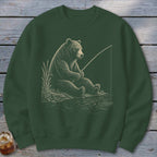 Bear fishing with a rod on a green sweatshirt.