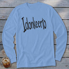 Light blue long-sleeved shirt with black text that reads "Idonkeerto."