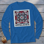 A royal blue long-sleeve t-shirt featuring a square quilt block design and the word Appalachia.