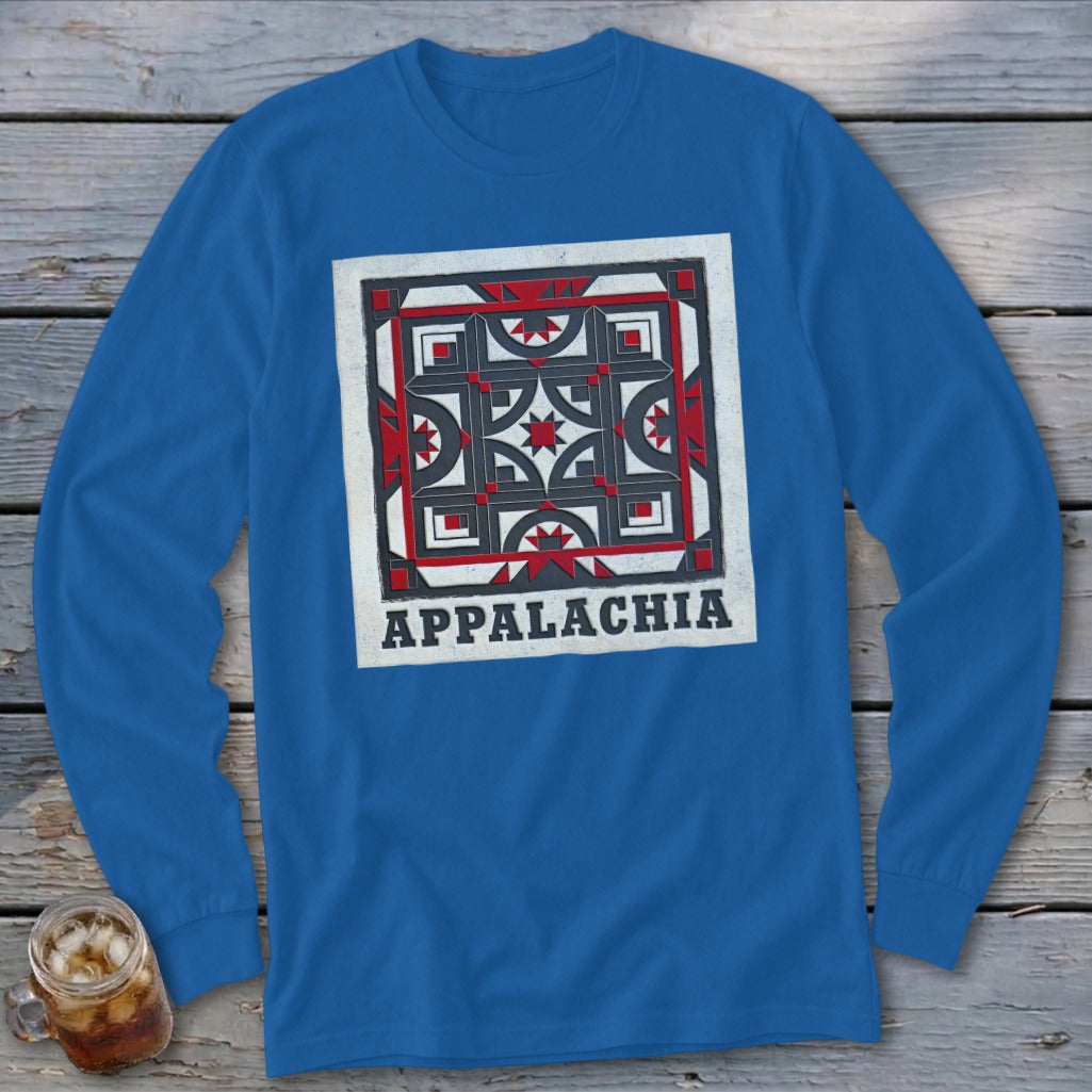 A royal blue long-sleeve t-shirt featuring a square quilt block design and the word Appalachia.