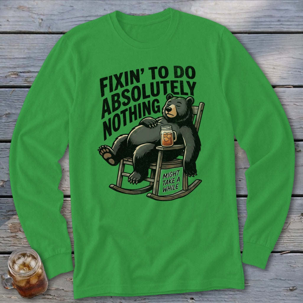 Bright green long-sleeve t-shirt with a graphic of a bear rocking and drinking.