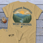 T-shirt with "almost heaven WEST VIRGINIA" mountain landscape design and smaller logo.