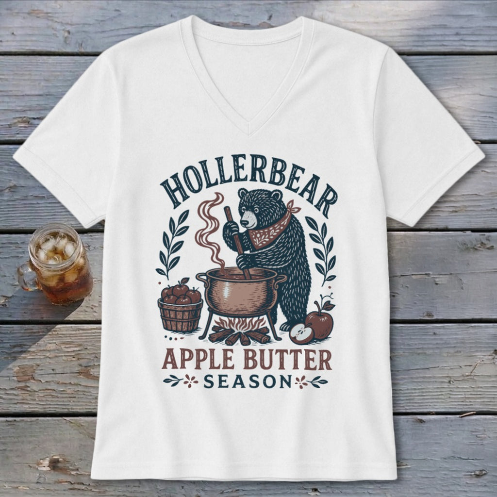 Hollerbear Apple Butter Season graphic on a white t-shirt.