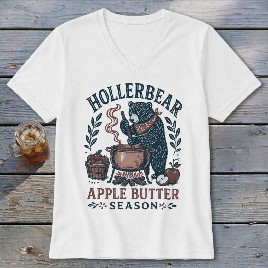 Hollerbear Apple Butter Season graphic on a white t-shirt.