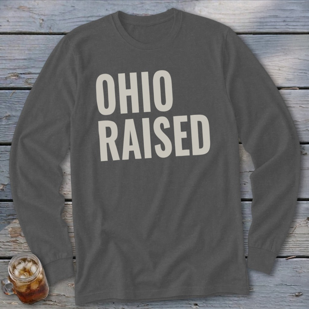 Gray long-sleeve shirt with "OHIO RAISED" printed in white.
