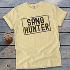 Light yellow t-shirt with "SANG HUNTER" graphic in a black box.
