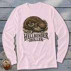 Long-sleeve pink t-shirt with hellbender graphic and "Hellbender Holler" text.