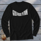 Black long-sleeve shirt with white text "GUESS WHERE I'M FROM".