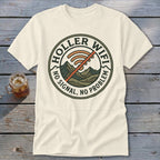 Cream t-shirt with "Holler Wifi No Signal, No Problem" graphic featuring mountains.