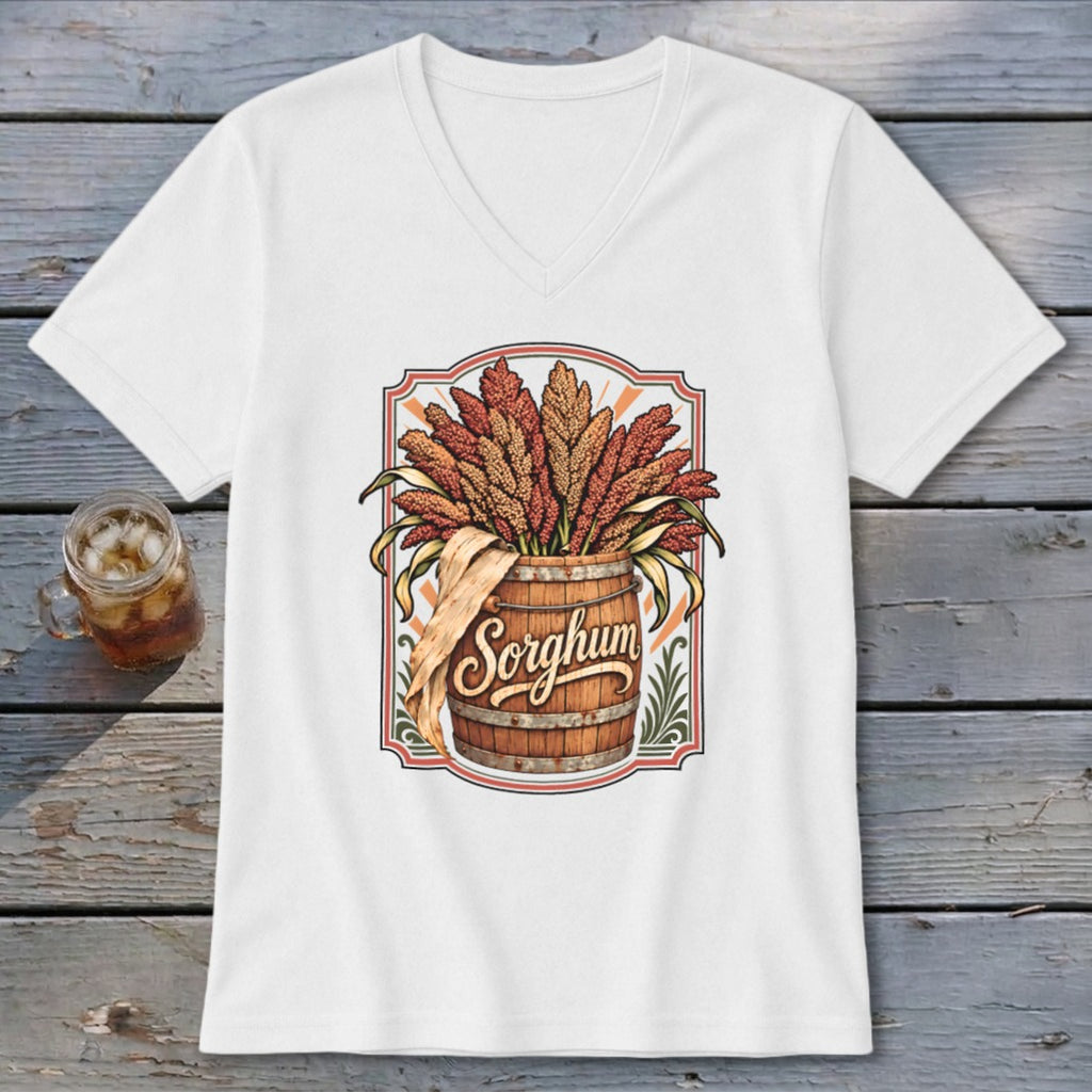 White v-neck t-shirt with a graphic of sorghum stalks overflowing from a wooden barrel.