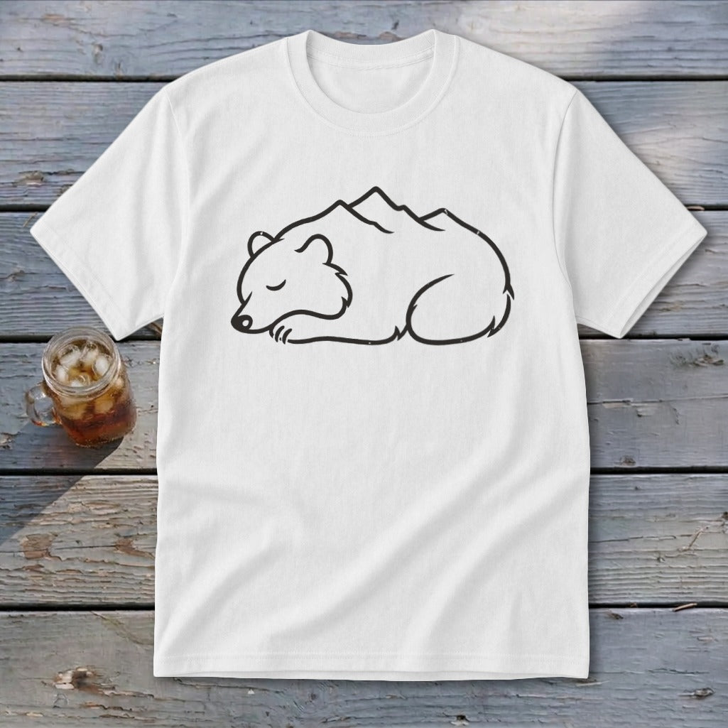 White t-shirt with black outline graphic of a sleeping bear integrated with mountains.