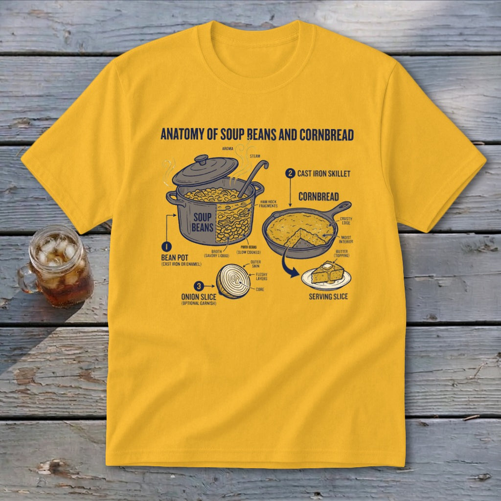 Yellow t-shirt graphic with "Anatomy of Soup Beans and Cornbread" diagram.