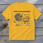 Yellow t-shirt graphic with "Anatomy of Soup Beans and Cornbread" diagram.