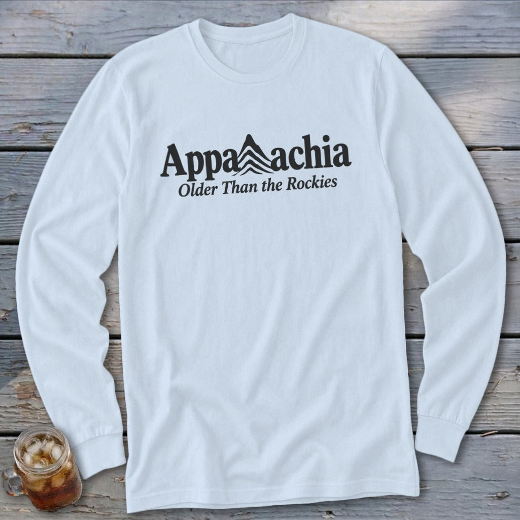 White long-sleeve t-shirt with "Appalachia Older Than the Rockies" text and mountain graphic.