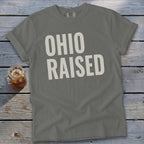 Gray t-shirt with white text that reads "OHIO RAISED".