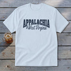 Light blue t-shirt with "APPALACHIA #West Virginia" printed in navy blue.