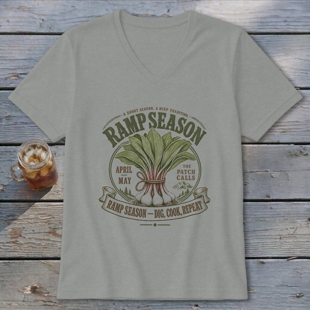 Light gray t-shirt with "Ramp Season" graphic featuring ramps, text, and mountains.