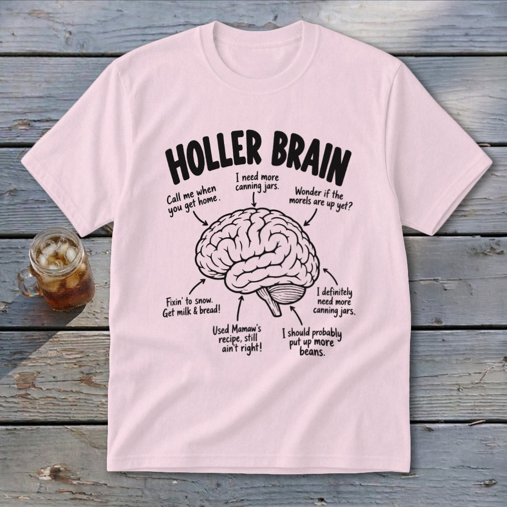 Pink t-shirt with "Holler Brain" and diagram of brain with labels about canning and food.