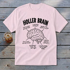 Pink t-shirt with "Holler Brain" and diagram of brain with labels about canning and food.