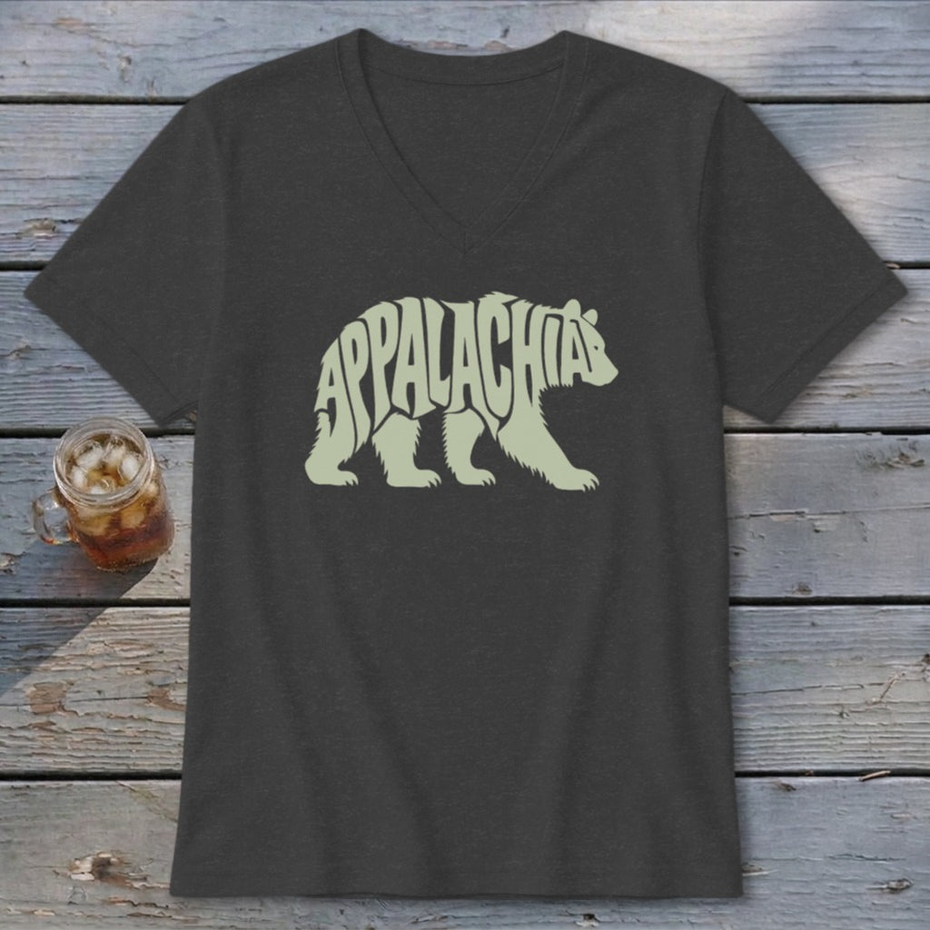Dark gray v-neck t-shirt featuring a green graphic of a walking bear containing the text Appalachia.