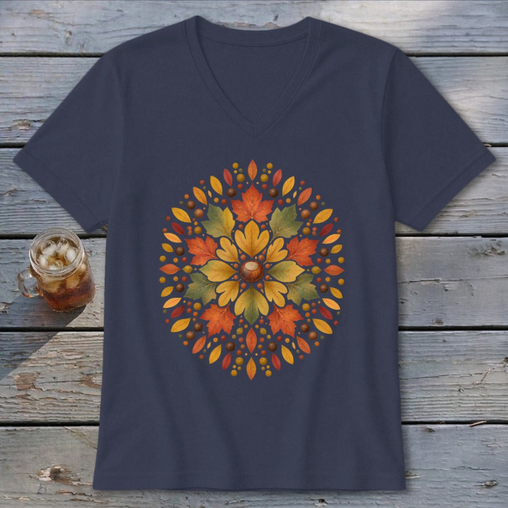 Navy v-neck t-shirt with a circular fall leaf mandala design.
