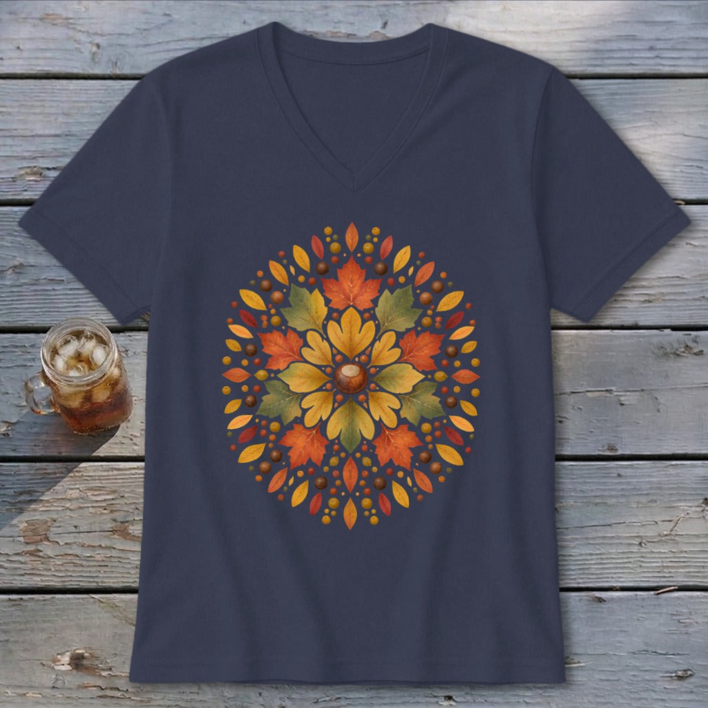Navy v-neck t-shirt with a circular fall leaf mandala design.