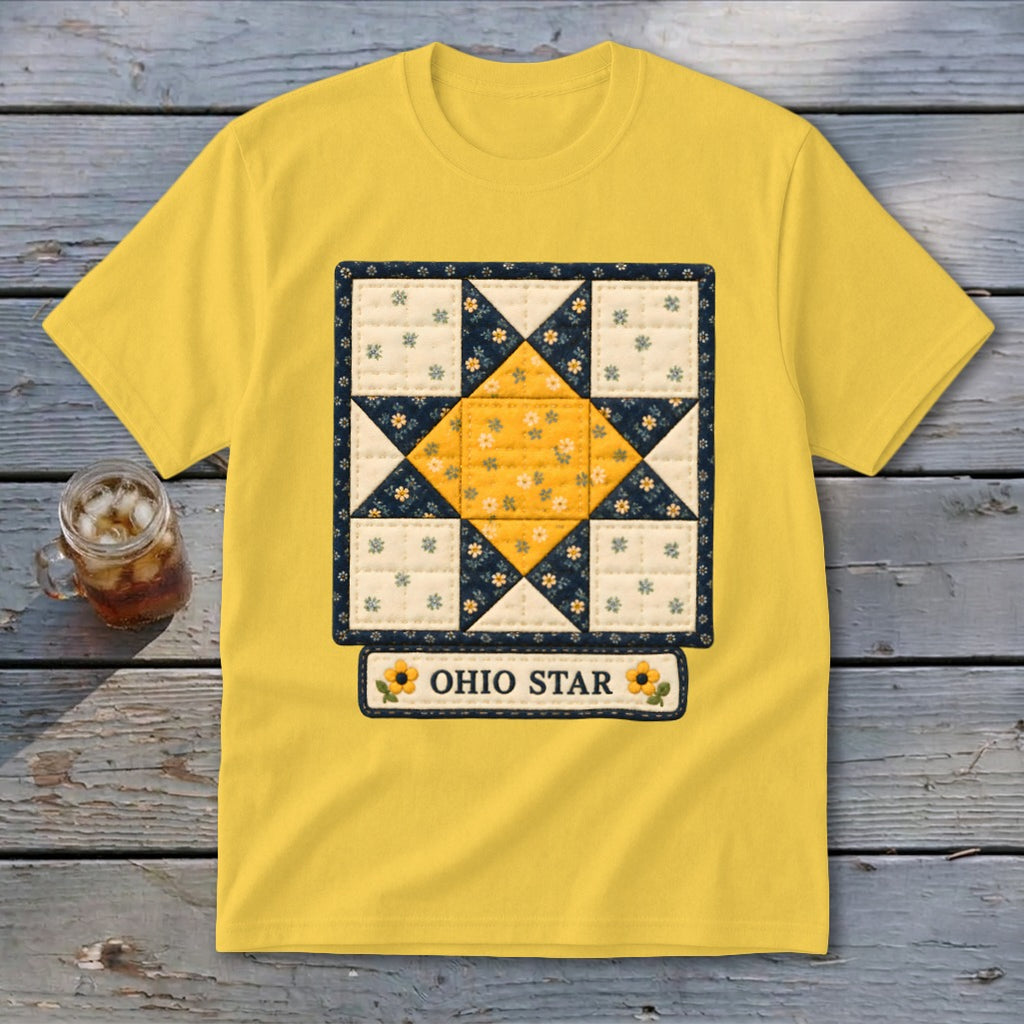 Yellow t-shirt with an Ohio Star quilt design and sunflowers.