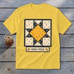 Yellow t-shirt with an Ohio Star quilt design and sunflowers.