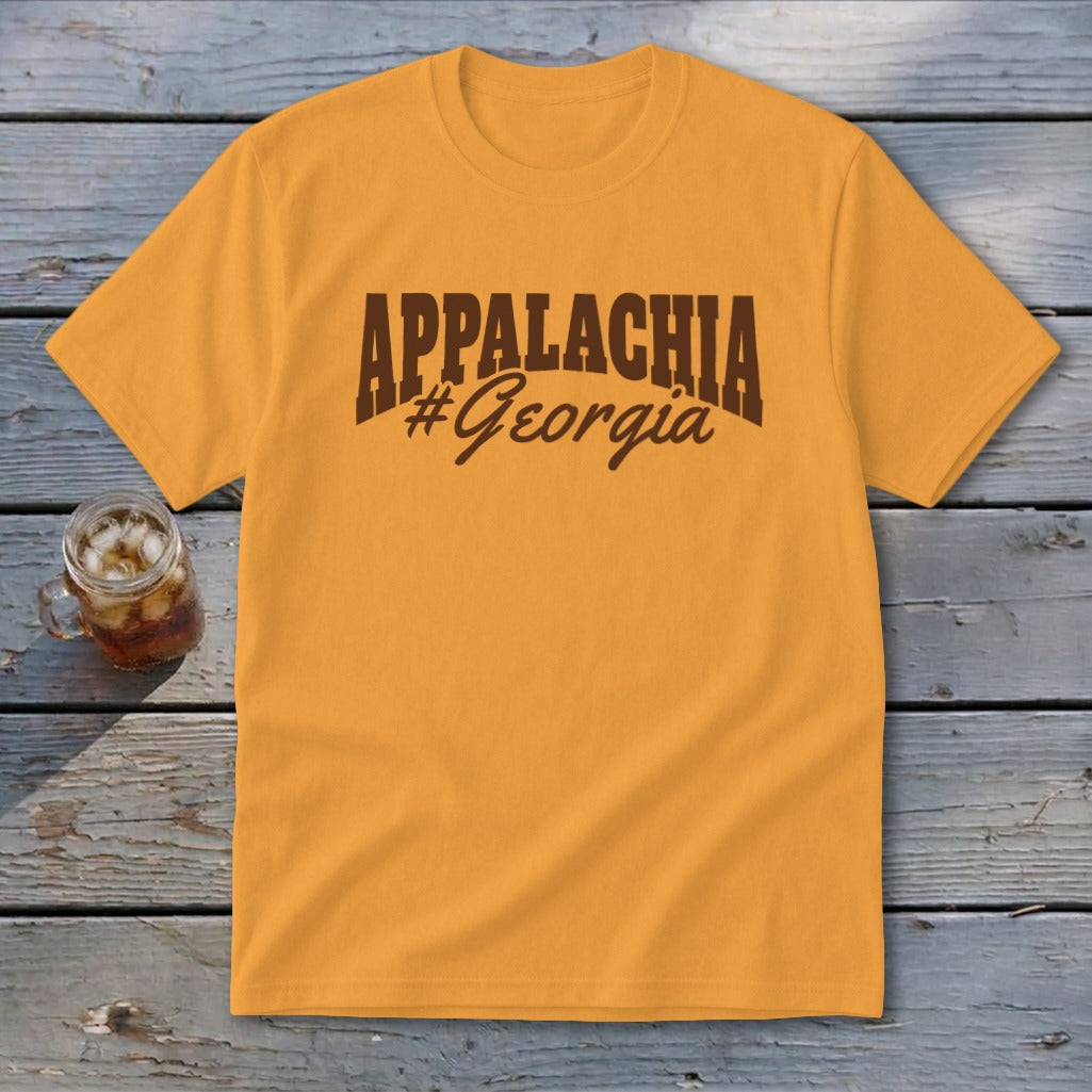 Orange t-shirt with "APPALACHIA #Georgia" text in brown.