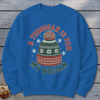 Blue crewneck sweatshirt featuring a graphic of a knit winter hat and the text A TOBOGGAN IS FOR MY NOGGAN.