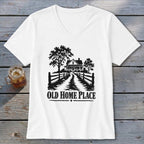 White v-neck t-shirt with a black graphic of a house, trees, fence, and the text "OLD HOME PLACE".