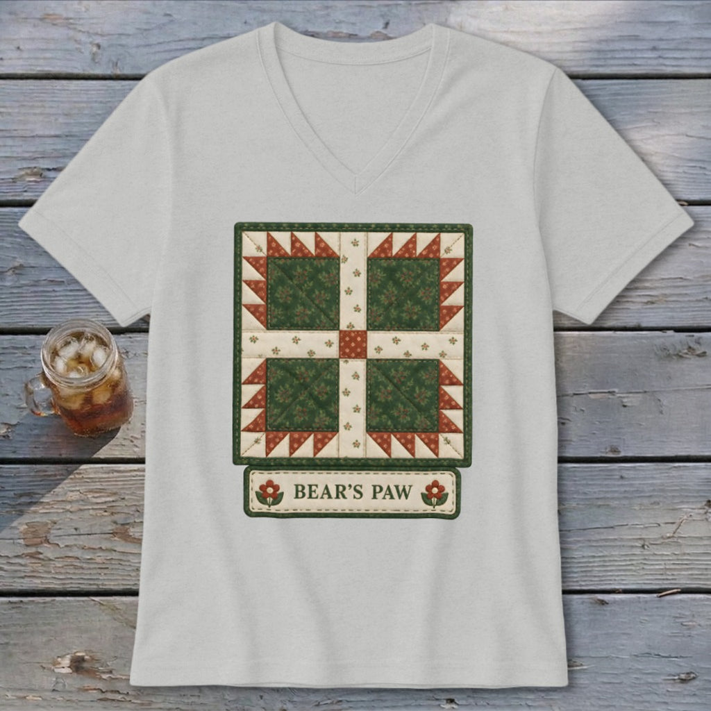 Light gray t-shirt with a "Bear's Paw" quilt block design.