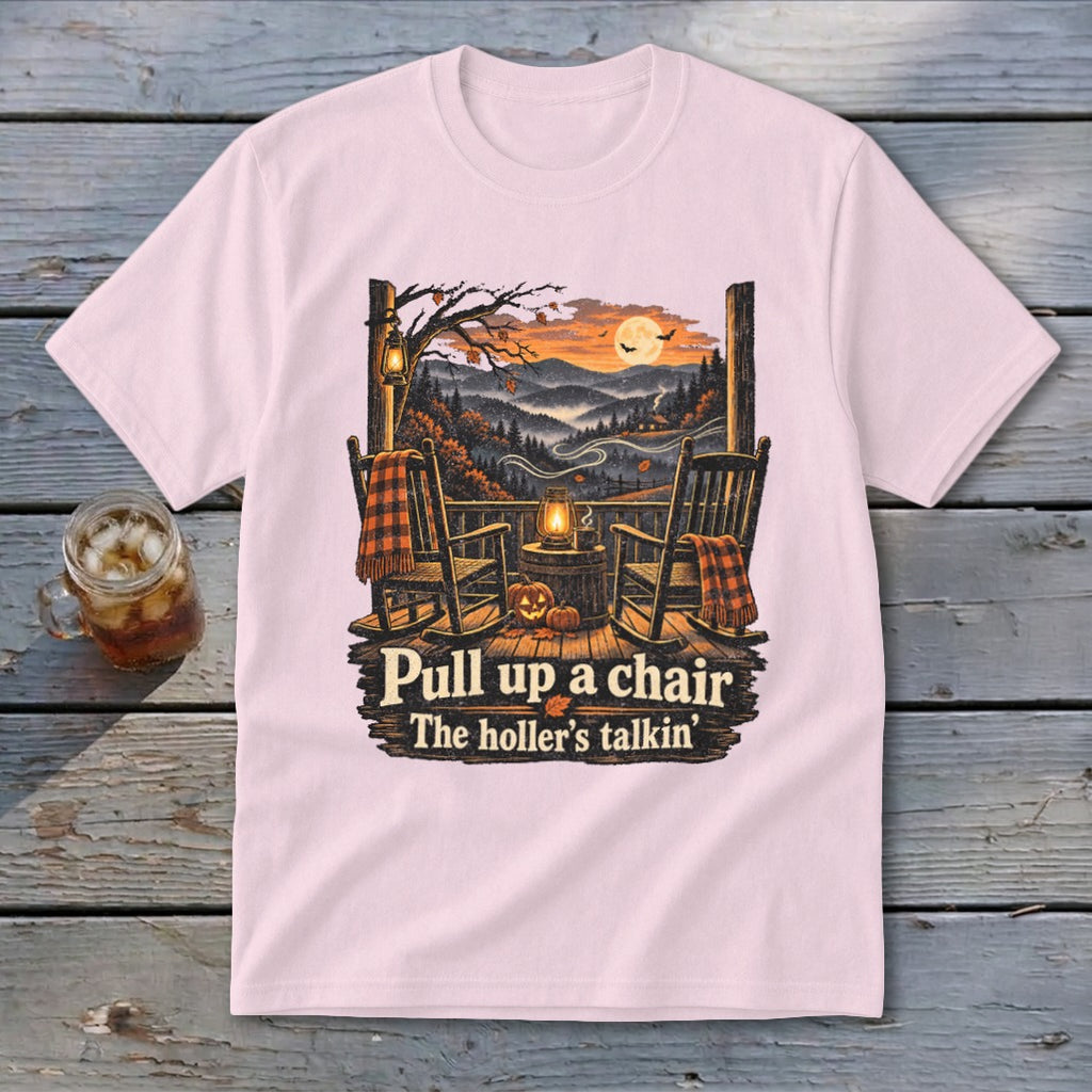 Light pink t-shirt with rustic porch scene graphic and text.