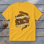 Yellow t-shirt with coiled snake graphic and text "RESPECT THE MOUNTAINS WATCH YOUR STEP".
