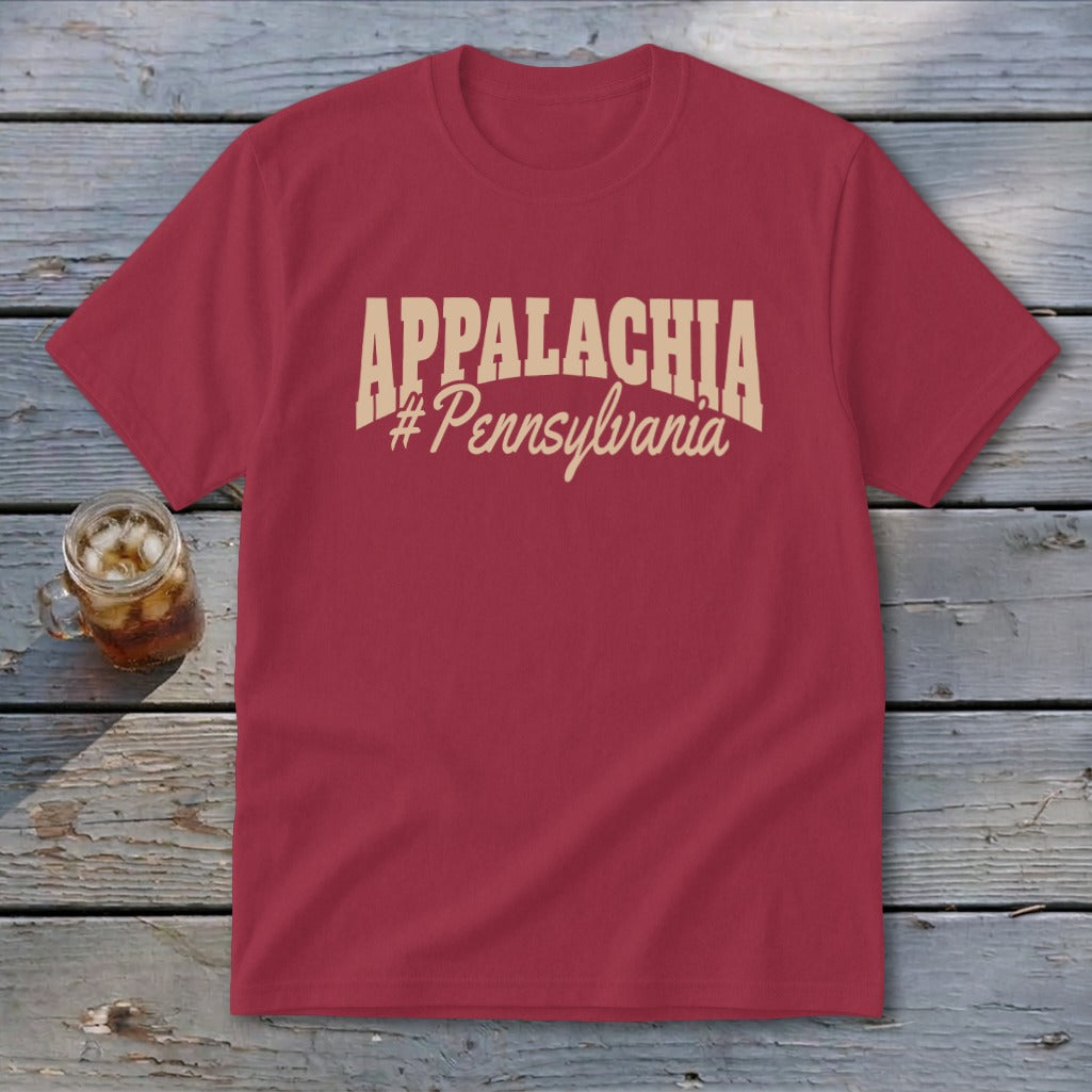 Maroon t-shirt with "APPALACHIA #Pennsylvania" text and a glass of iced tea.