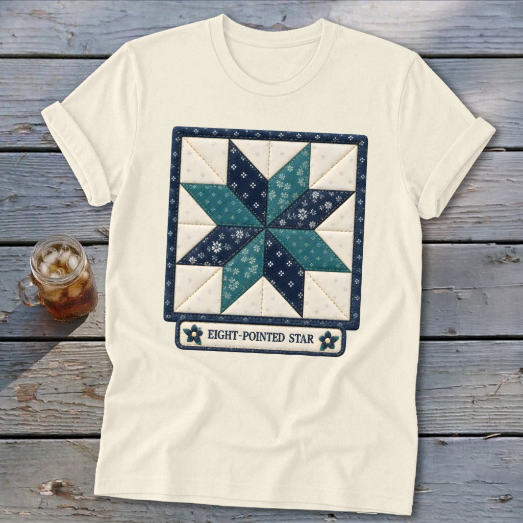 Cream t-shirt featuring an eight-pointed star quilt design with text "EIGHT-POINTED STAR".