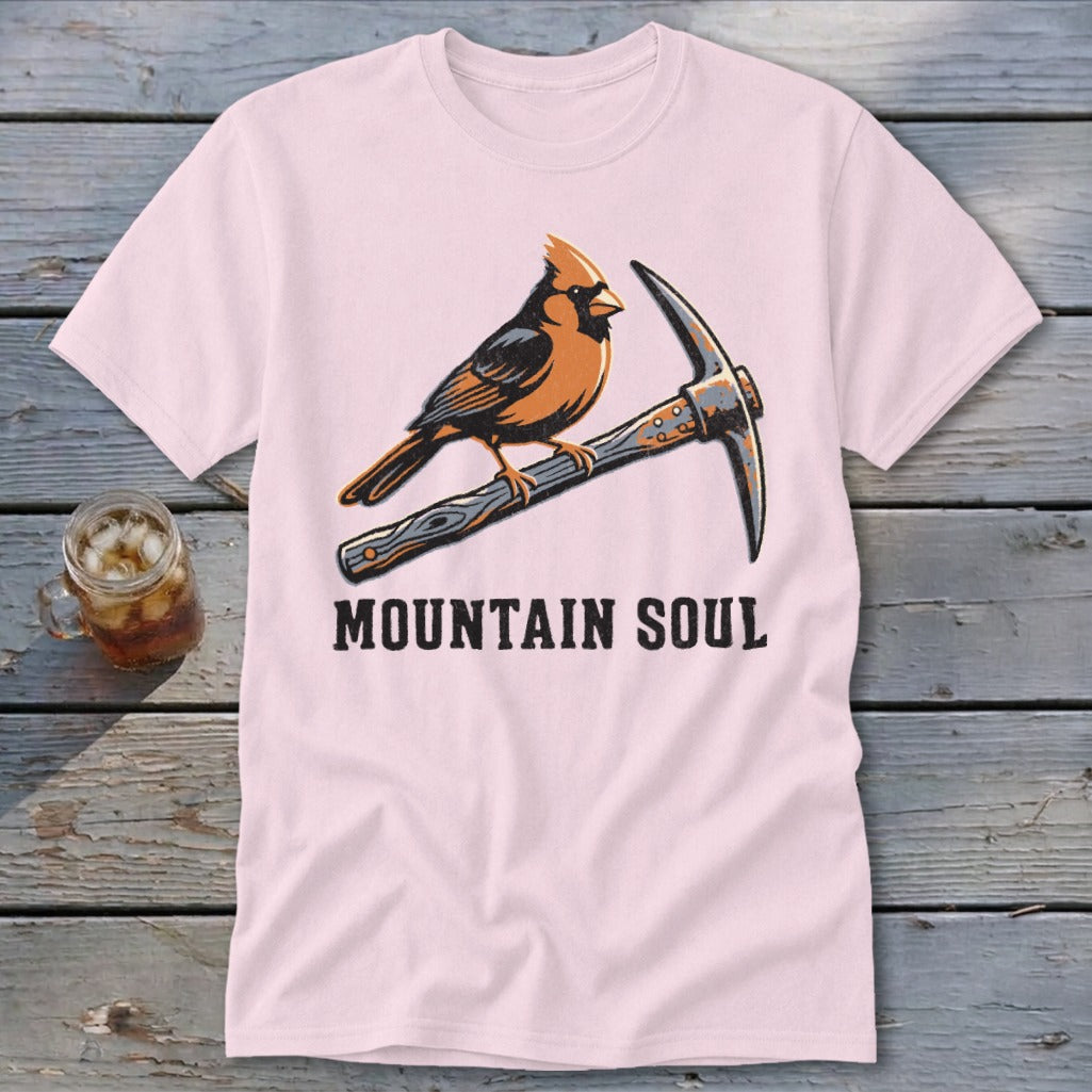 Pink t-shirt with cardinal on pickaxe and "MOUNTAIN SOUL" text.