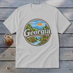 White t-shirt with circular Georgia mountain landscape and deer graphic.