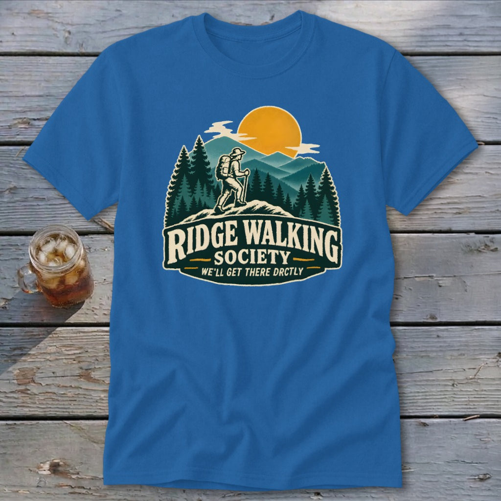 Blue t-shirt with Ridge Walking Society graphic featuring a hiker in mountains.