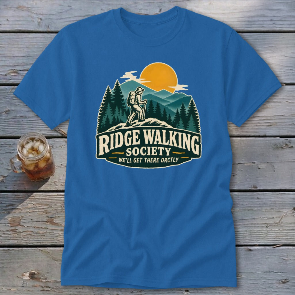 Blue t-shirt with Ridge Walking Society graphic featuring a hiker in mountains.