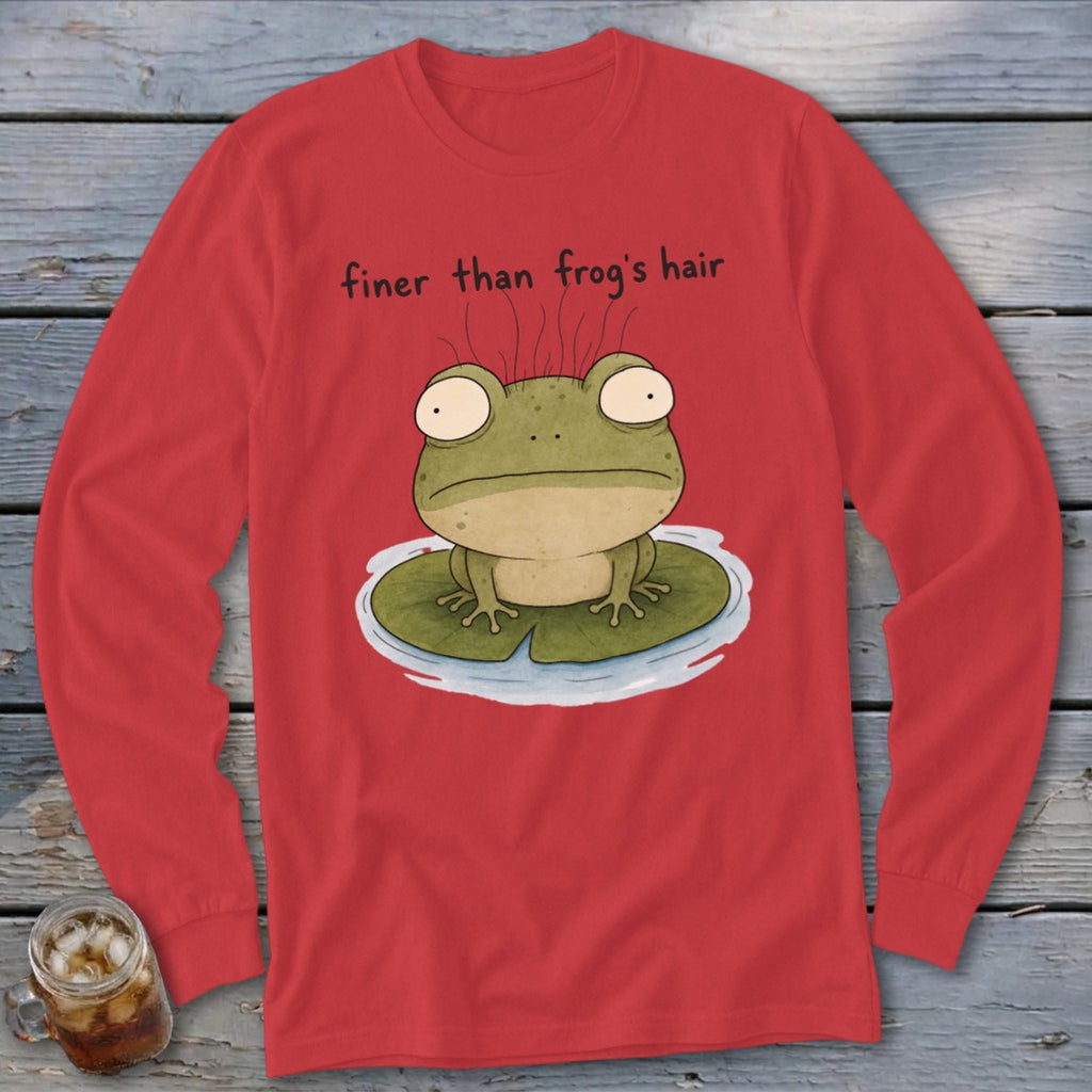 Red long-sleeve shirt featuring an illustration of a frog on a lily pad with the text finer than frog's hair.