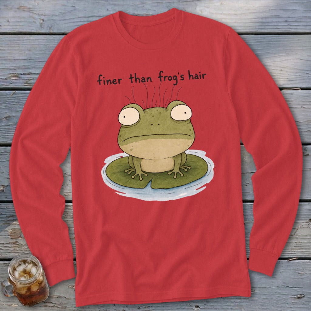 Red long-sleeve shirt featuring an illustration of a frog on a lily pad with the text finer than frog's hair.