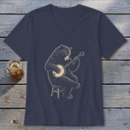 Dark blue v-neck t-shirt featuring a black bear playing a banjo on a stool.