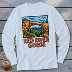 Long sleeve shirt with Red River Gorge graphic featuring a natural arch and trees.