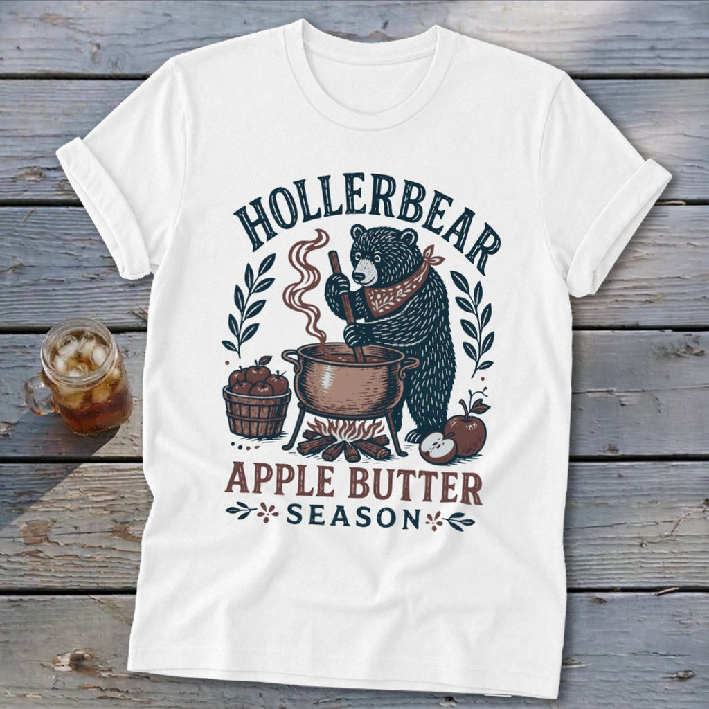 Bear making apple butter in a pot over a fire, text says "HOLIERBEAR APPLE BUTTER SEASON".